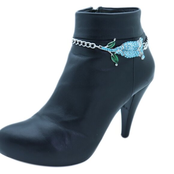 NEW Women Silver Metal Chain Boot Bracelet Shoe Anklet Sky Blue Flower Charm SET - Picture 9 of 17